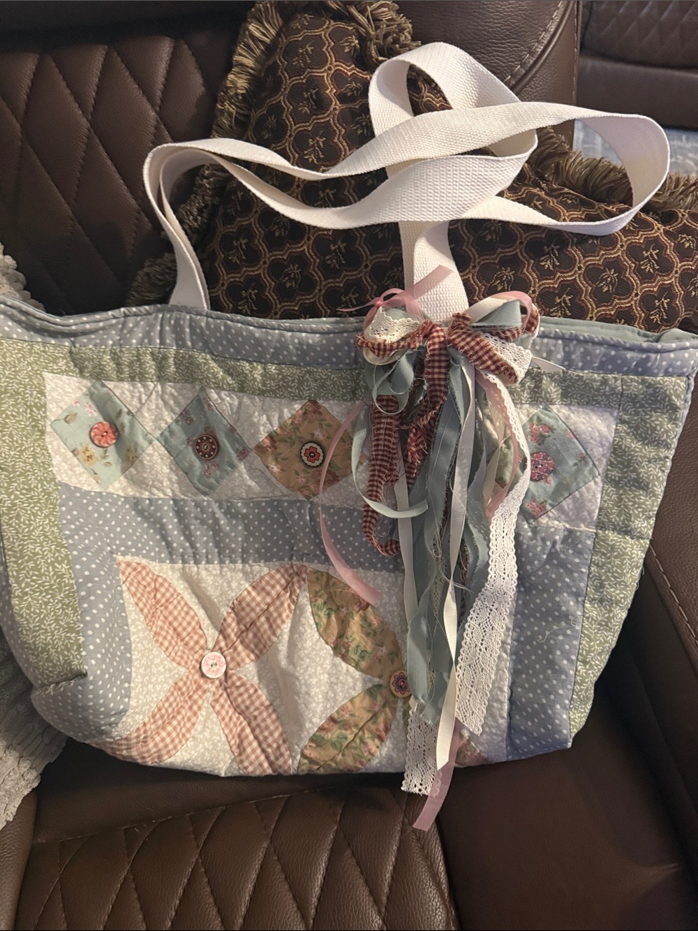 Quilted Patchwork Tote Bag in Pastel Blue and Pink